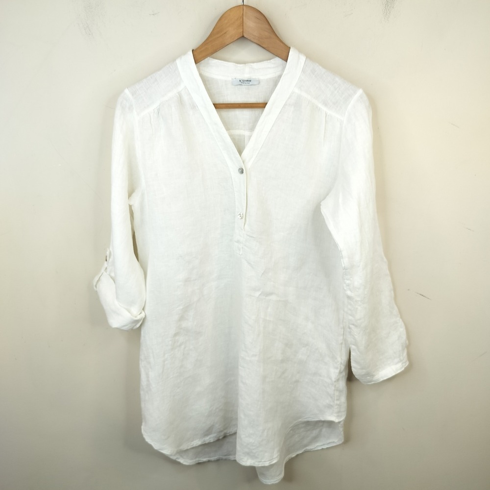 Rosemarine Linen Tunic Blouse Womens Small Roll Tab Sleeve White Breezy Coastal